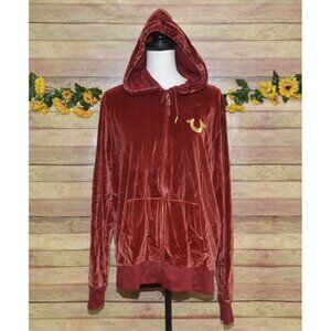 True Religion Ladies Burgundy Red Velvet Zip Up Hoodie Size XL Logo Casual Warm